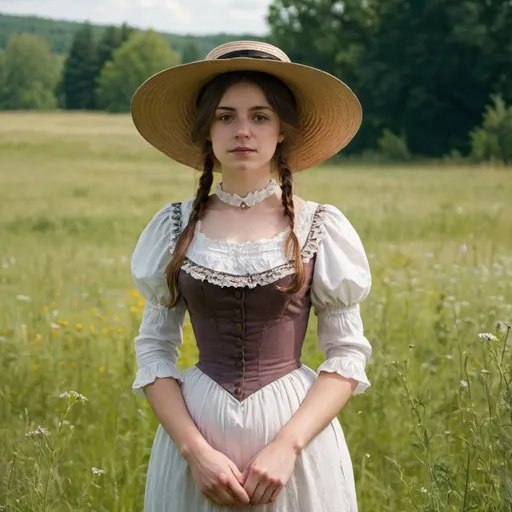 Prompt: young woman standing in a meadow in a victorian style dress. turn of the century. sun hat