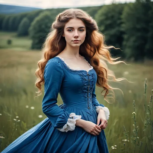 Prompt: young woman with flowing hair standing in a meadow in a victorian style blue dress. solem