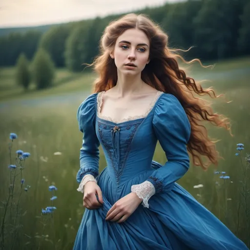 Prompt: young woman with flowing hair standing in a meadow in a victorian style blue dress. solem