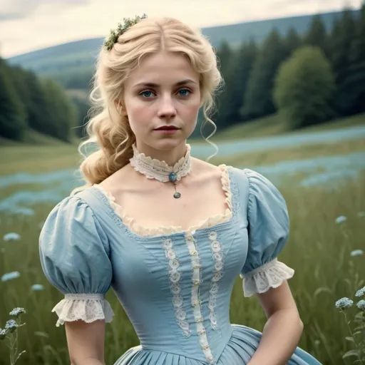 Prompt: woman with blonde hair standing in a meadow in a baby-blue victorian style dress. turn of the century. solem