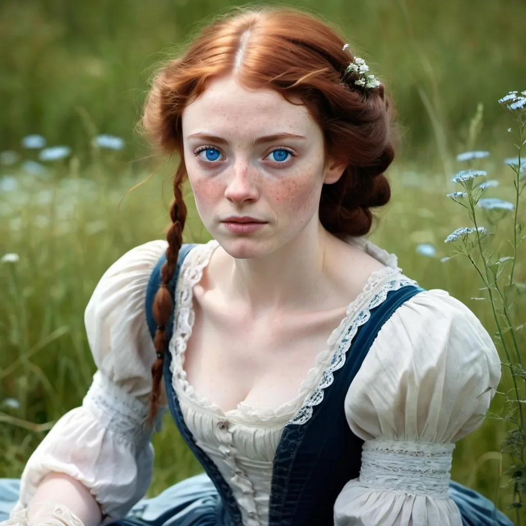 Prompt: victorian woman sitting in a meadow, bright blue eyes, sharp features. upnose. freckles.