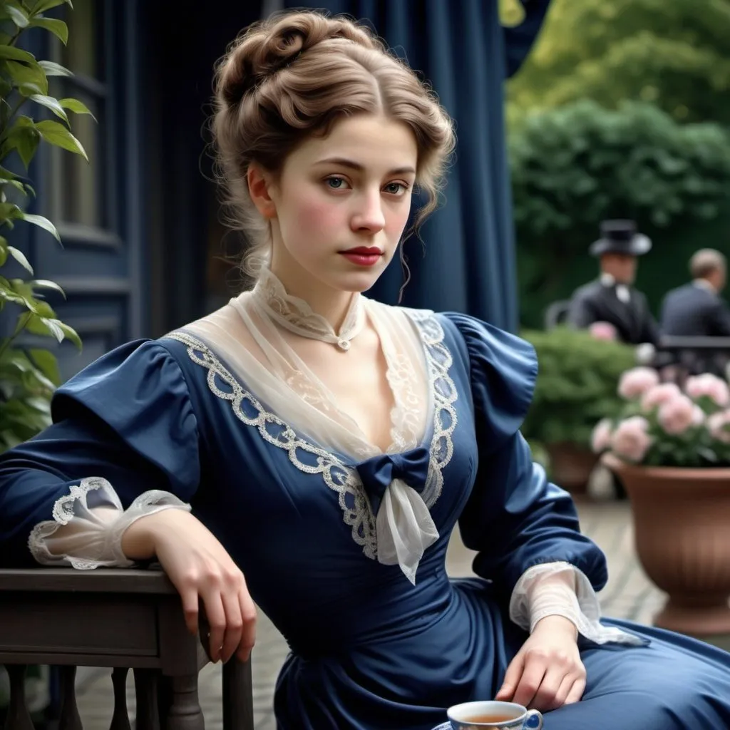 Prompt: woman wearing a deep blue tea-gown, year 1905. Garden patio. photo realistic. gloomy weather. 