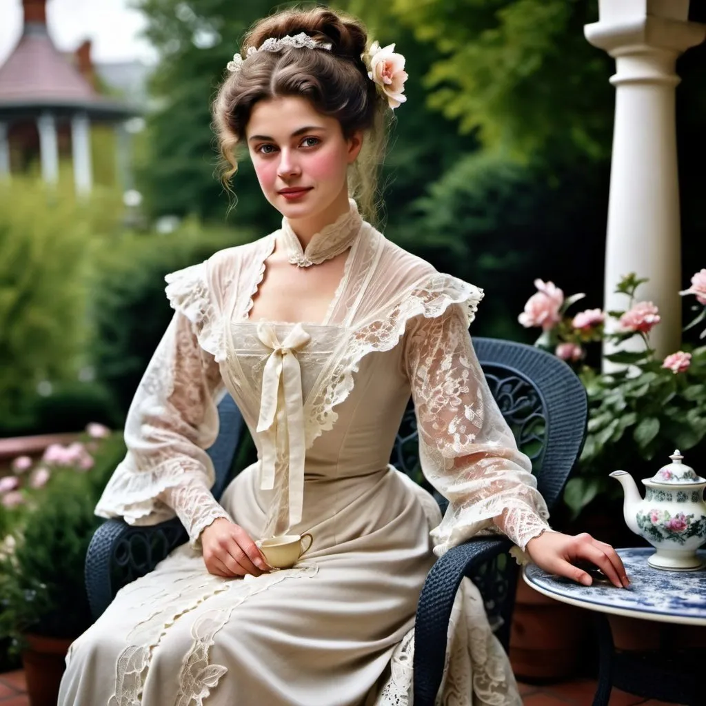 Prompt: woman wearing a tea-gown, year 1905. Garden patio. Lace. frills. realistic. pretty face