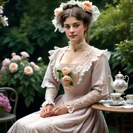 Prompt: woman wearing a tea-gown, year 1905. Garden patio. Lace. frills. realistic. pretty face
