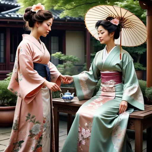 Prompt: Victorian woman in tea-gown meeting an asian woman in a kimono. Garden patio. year 1905. detailed. photo realistic.