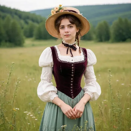 Prompt: cute woman standing in a meadow in a victorian style dress. turn of the century