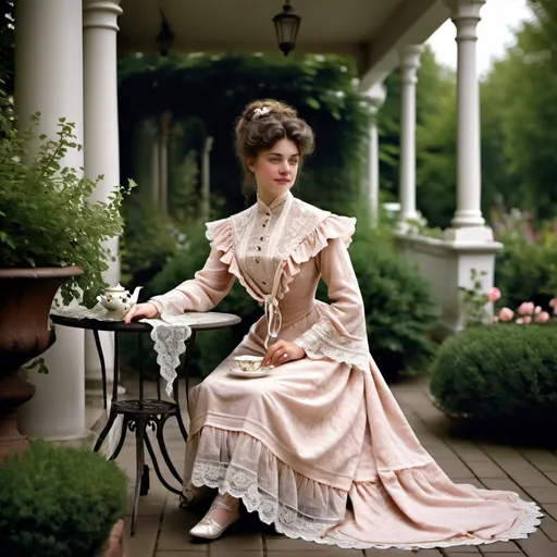 Prompt: woman wearing a tea-gown, year 1905. Garden patio. Lace. frills. realistic. 