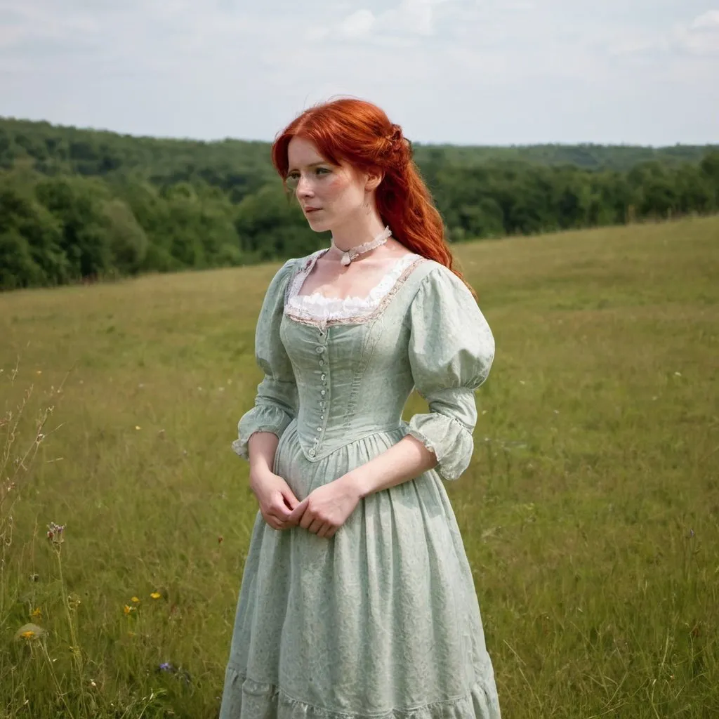 Prompt: woman with red hair standing in a meadow in a victorian style dress