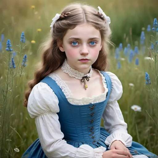 Prompt: victorian girl sitting in a meadow, bright blue eyes, sharp features. 