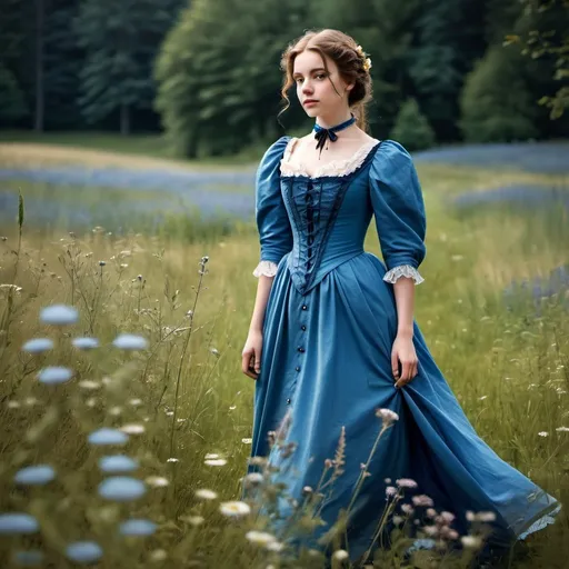 Prompt: young woman standing in a meadow in a blue victorian style dress. solem