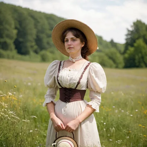 Prompt: woman standing in a meadow in a victorian style dress. turn of the century. sun hat