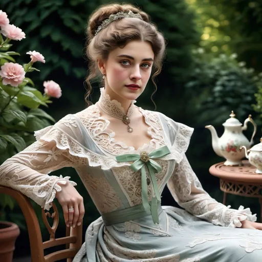 Prompt: woman wearing a tea-gown, year 1905. Garden patio. Lace. frills. realistic. 