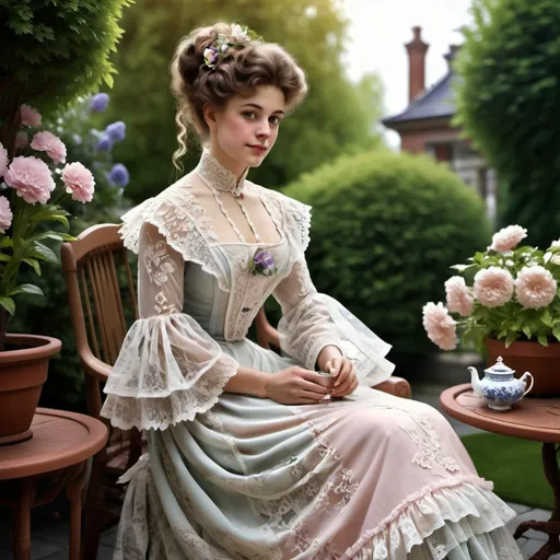 Prompt: woman wearing a tea-gown, year 1905. Garden patio. Lace. frills. realistic. 