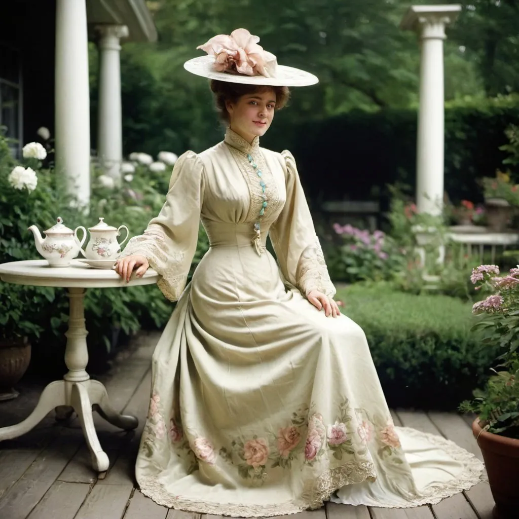 Prompt: woman wearing a tea-gown, year 1905. Garden patio