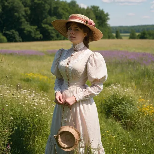 Prompt: woman standing in a meadow in a victorian style dress. turn of the century. sun hat