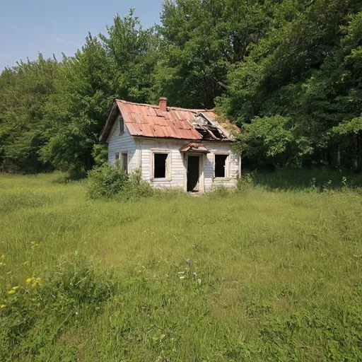 Prompt: abandoned small house in a meadow 