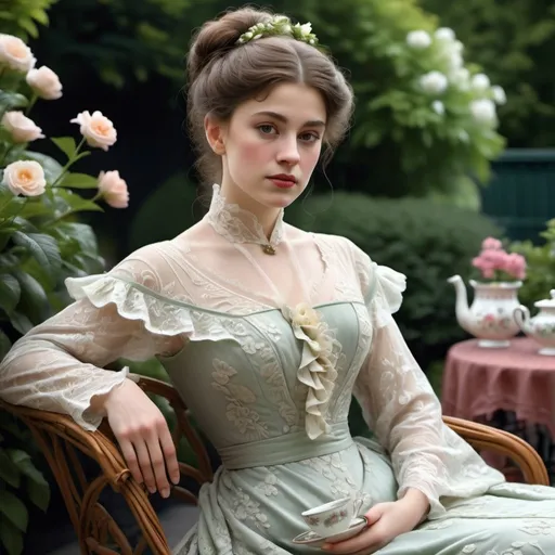 Prompt: woman wearing a deep grean tea-gown, year 1905. Garden patio. photo realistic. gloomy weather. 
