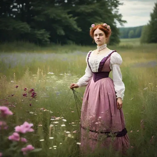 Prompt: woman standing in a meadow in a dyed victorian style dress. turn of the century. solem. flowers