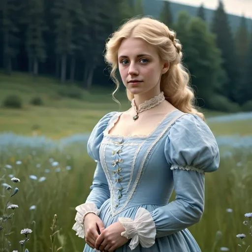 Prompt: woman with blonde hair standing in a meadow in a baby-blue victorian style dress. turn of the century. solem