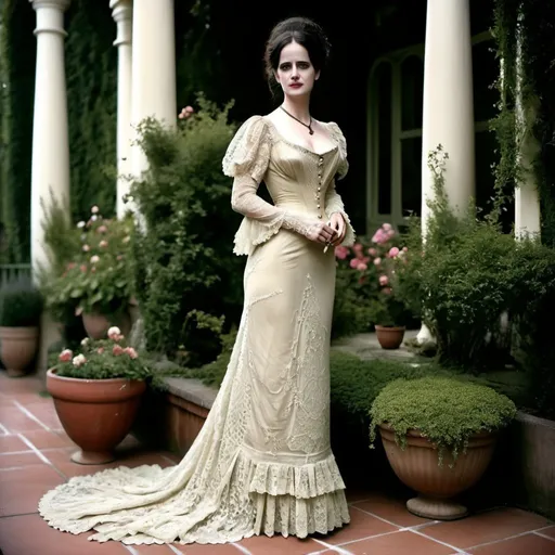 Prompt: eva green wearing a tea-gown, year 1905. Garden patio. Lace. frills.