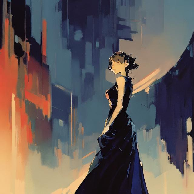 Prompt: silhouette of a woman in a long flowing dress, dark atmosphere, calm, posing arms out, detailed, cool colors, acrylic painting, trending on pixiv fanbox, palette knife and brush strokes, style of makoto shinkai jamie wyeth james gilleard edward hopper greg rutkowski studio ghibli genshin impact