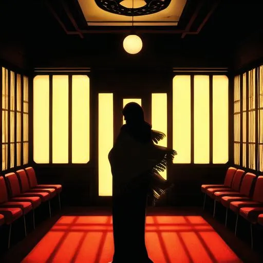 Prompt: indoor silhoutte, vibrant retro cinematic scene, facing away, shawl, intricate details