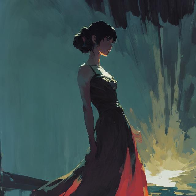 Prompt: silhouette of a woman in a long flowing dress, dark atmosphere, calm, posing arms out, detailed, cool colors, acrylic painting, trending on pixiv fanbox, palette knife and brush strokes, style of makoto shinkai jamie wyeth james gilleard edward hopper greg rutkowski studio ghibli genshin impact