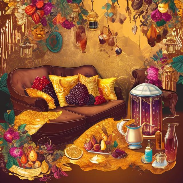 Prompt: chocolate couch, golden wrapper, colorful flowers, water jug, lamp, cat, vector fractal, fruits, honey comb, jam and jelly, vivid clear detailed indoor art