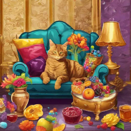Prompt: chocolate couch, golden wrapper, colorful flowers, water jug, lamp, cat, vector fractal, fruits, honey comb, jam and jelly, vivid clear detailed indoor art, cool colors