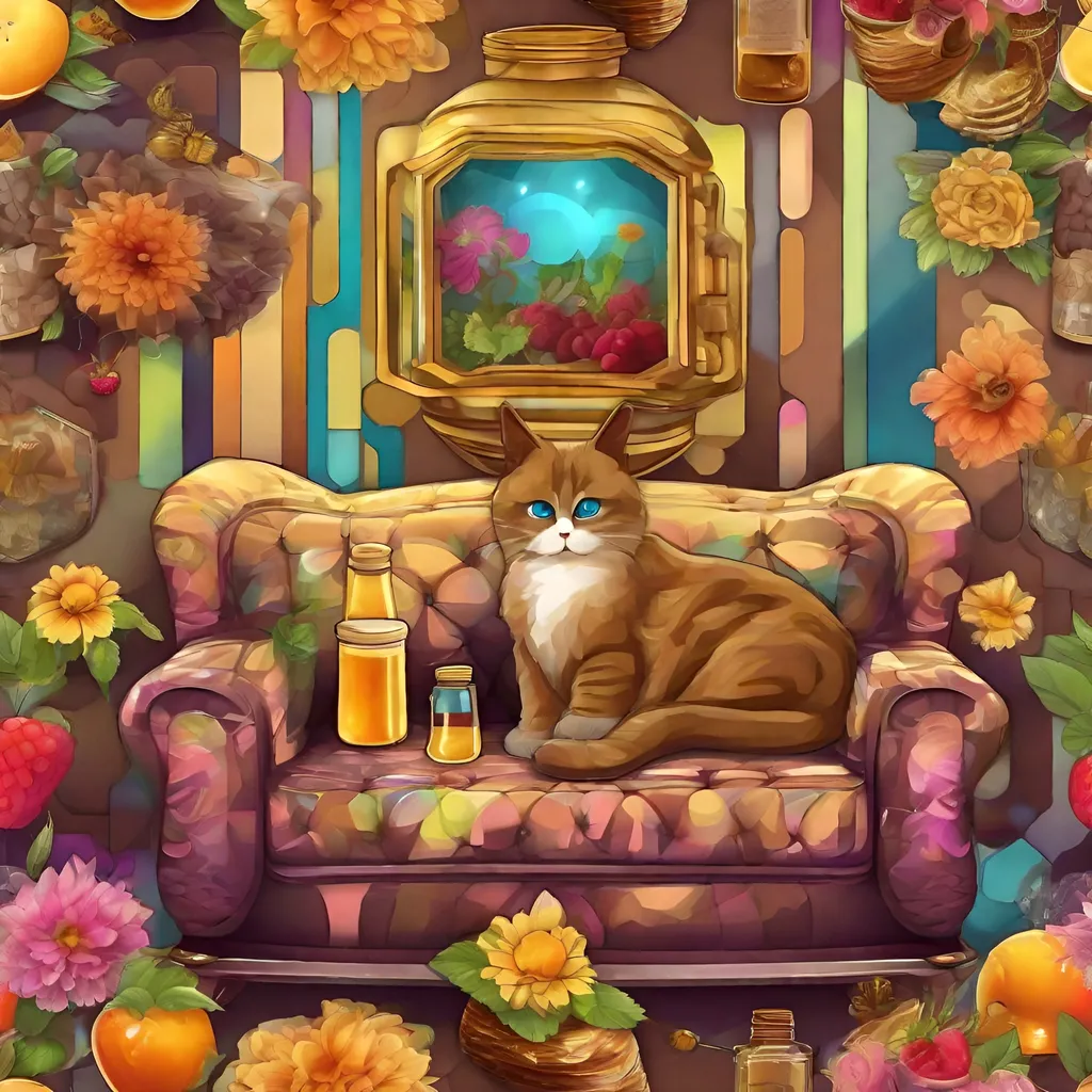 Prompt: chocolate couch, golden wrapper, colorful flowers, water jug, lamp, cat, vector fractal, fruits, honey comb, jam and jelly, vivid clear detailed indoor art, cool colors