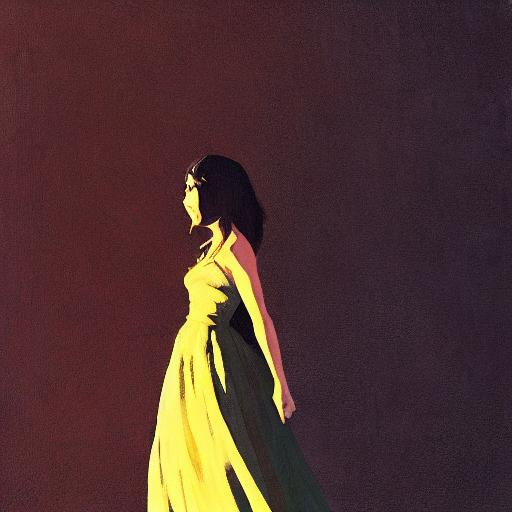 Prompt: silhouette of a woman in a long flowing dress, dark atmosphere, calm, posing arms out, detailed, cool colors, acrylic painting, trending on pixiv fanbox, palette knife and brush strokes, style of makoto shinkai jamie wyeth james gilleard edward hopper greg rutkowski studio ghibli genshin impact