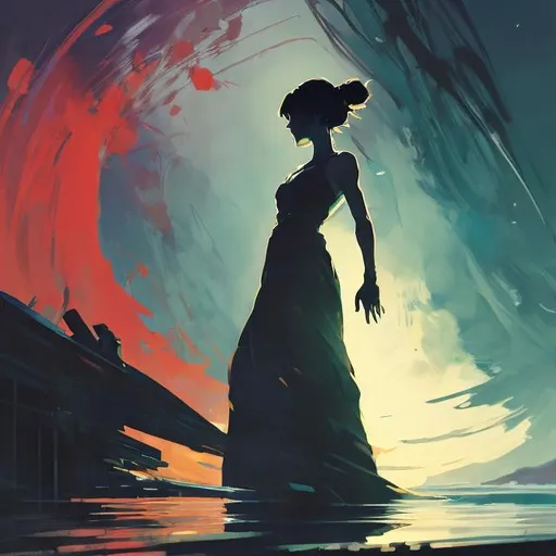 Prompt: silhouette of a woman in a long flowing dress, dark atmosphere, calm, posing arms out, detailed, cool colors, acrylic painting, trending on pixiv fanbox, palette knife and brush strokes, style of makoto shinkai jamie wyeth james gilleard edward hopper greg rutkowski studio ghibli genshin impact