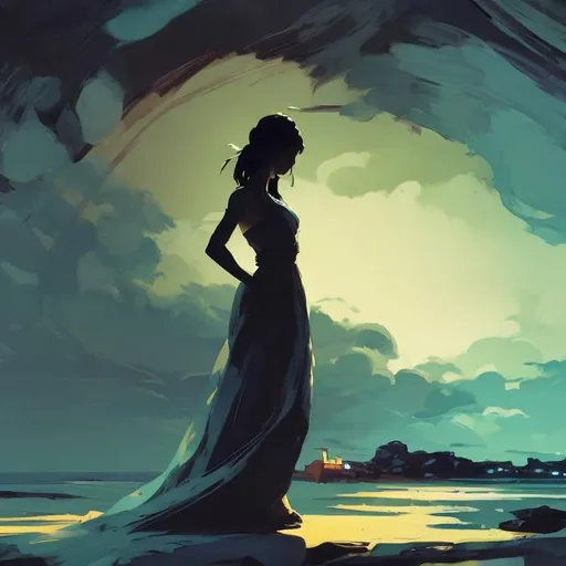 Prompt: silhouette of a woman in a long flowing dress, dark atmosphere, calm, posing arms out, detailed, cool colors, acrylic painting, trending on pixiv fanbox, palette knife and brush strokes, style of makoto shinkai jamie wyeth james gilleard edward hopper greg rutkowski studio ghibli genshin impact