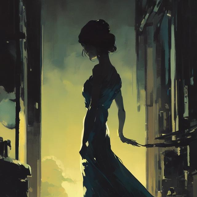 Prompt: silhouette of a woman in a long flowing dress, dark atmosphere, calm, posing arms out, detailed, cool colors, acrylic painting, trending on pixiv fanbox, palette knife and brush strokes, style of makoto shinkai jamie wyeth james gilleard edward hopper greg rutkowski studio ghibli genshin impact