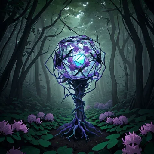 Prompt: enigma of persona of entity spawned in a forest. dodecahedron, rhododendron neuron-dendrite 