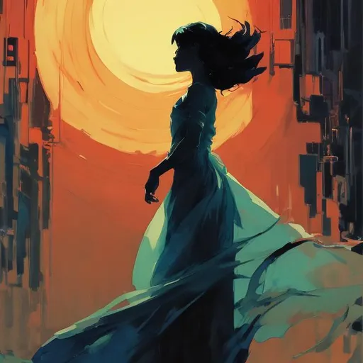 Prompt: silhouette of a woman in a long flowing dress, dark atmosphere, calm, posing arms out, detailed, cool colors, acrylic painting, trending on pixiv fanbox, palette knife and brush strokes, style of makoto shinkai jamie wyeth james gilleard edward hopper greg rutkowski studio ghibli genshin impact