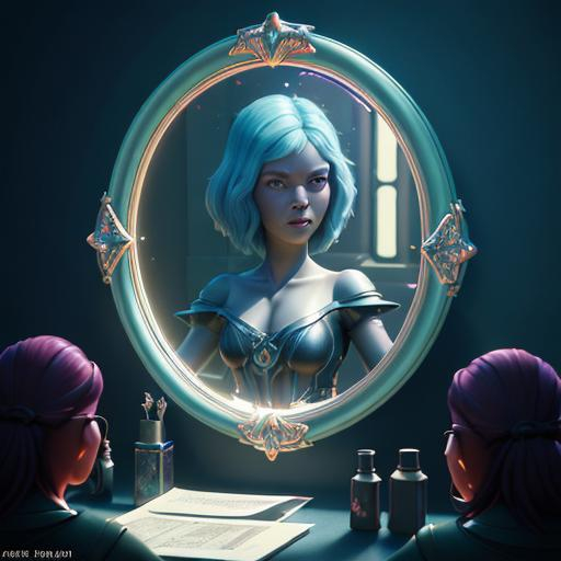 Prompt: mirrors, woman, entering into the mirror, secret world, fantasy fiction, reflections, intricate, Pixar, Disney, concept art, Maya 3D, ZBrush Central 3D shading, bright colored background, radial gradient background, cinematic, Reimagined by industrial light and magic, 4k resolution post processing