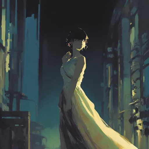 Prompt: silhouette of a woman in a long flowing dress, dark atmosphere, calm, posing arms out, detailed, cool colors, acrylic painting, trending on pixiv fanbox, palette knife and brush strokes, style of makoto shinkai jamie wyeth james gilleard edward hopper greg rutkowski studio ghibli genshin impact