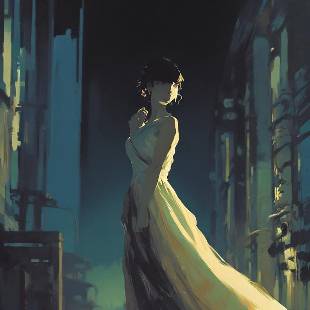 Prompt: silhouette of a woman in a long flowing dress, dark atmosphere, calm, posing arms out, detailed, cool colors, acrylic painting, trending on pixiv fanbox, palette knife and brush strokes, style of makoto shinkai jamie wyeth james gilleard edward hopper greg rutkowski studio ghibli genshin impact