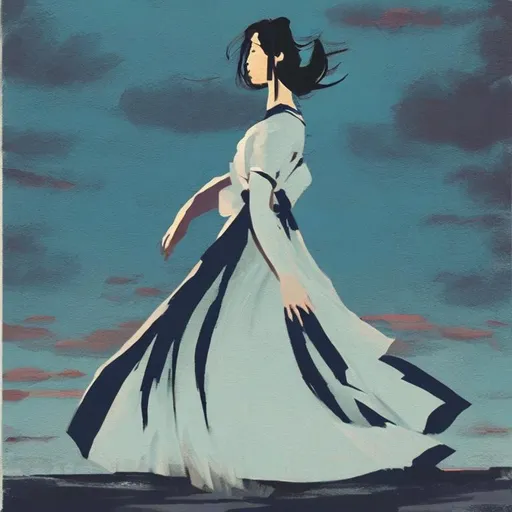 Prompt: silhouette of a woman in a long flowing dress, dark atmosphere, calm, posing arms out, detailed, cool colors, acrylic painting, trending on pixiv fanbox, palette knife and brush strokes, style of makoto shinkai jamie wyeth james gilleard edward hopper greg rutkowski studio ghibli genshin impact