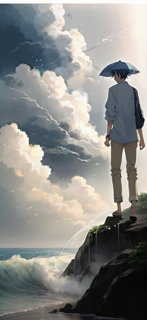 Prompt: Japanese anime mango rain and ocean sea walking man beautiful cloud