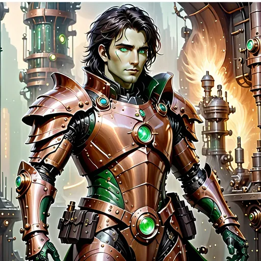 Prompt: A human male artificer with black disheveled hair, green eyes and swarthy skin. He is wearing a futuristic armor covering his entire body except his head. The armor his made out of studded leather and copper plating and as a steam punk design. The armor has some sort of keyboard on his left forearm from which he takes notes.