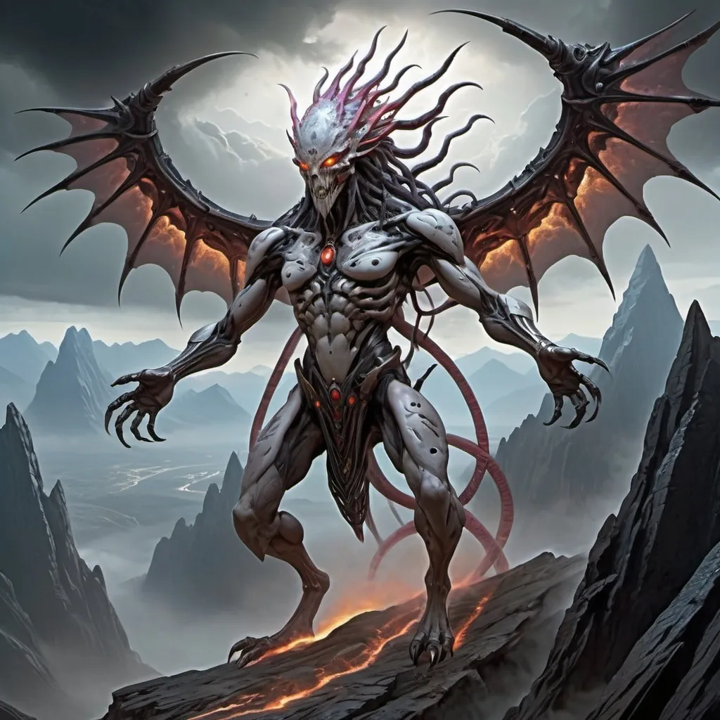 Prompt: create a magic the gathering bio punk looking phyrexian god soaring over a mountain
