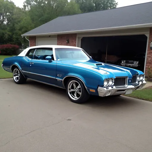 Prompt: 72 cutlass 442 blue hardtop with expensive 22 inch rims
