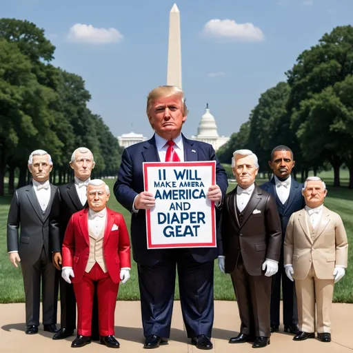 Prompt: Create an image of Donald Trump wearing only a used diaper, holding a banner that says 'I will make America great again.' He is standing in front of former renowned American presidents George Washington, Thomas Jefferson, Abraham Lincoln, Theodore Roosevelt, Franklin D. Roosevelt, John F. Kennedy, Dwight D. Eisenhower, and Barack Obama, who are dressed in formal attire, with the Washington Monument in the background.