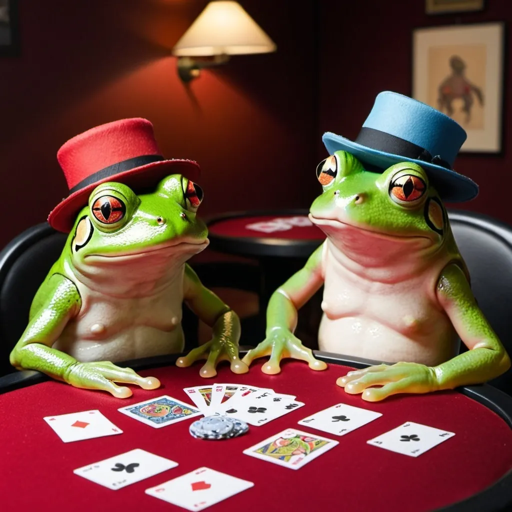 Prompt: Two Frogs playing a card game (uno) with poker face and caps