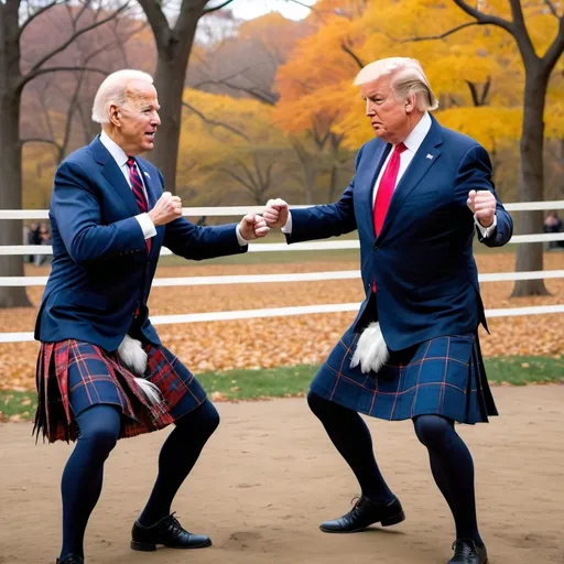 Prompt: A picture of Joe Biden and Donald Trump in a fencing match using feathers. The setting is lighthearted and humorous, with a playful atmosphere. Biden and Trump are dressed in scottish kilt and their usual ties, and their expressions show determination and focus as they engage in this unusual duel. The background is central park NY, emphasizing the comedic nature of the scene.