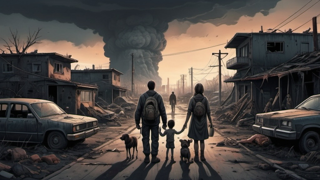 Prompt: A dark and detailed illustration of the daily life a human family in a postapocalyptic world after a nuclear war