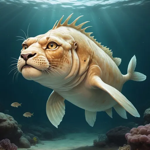 Prompt: How would the child (offspring) of a cod and a lion look like swimming in the ocean