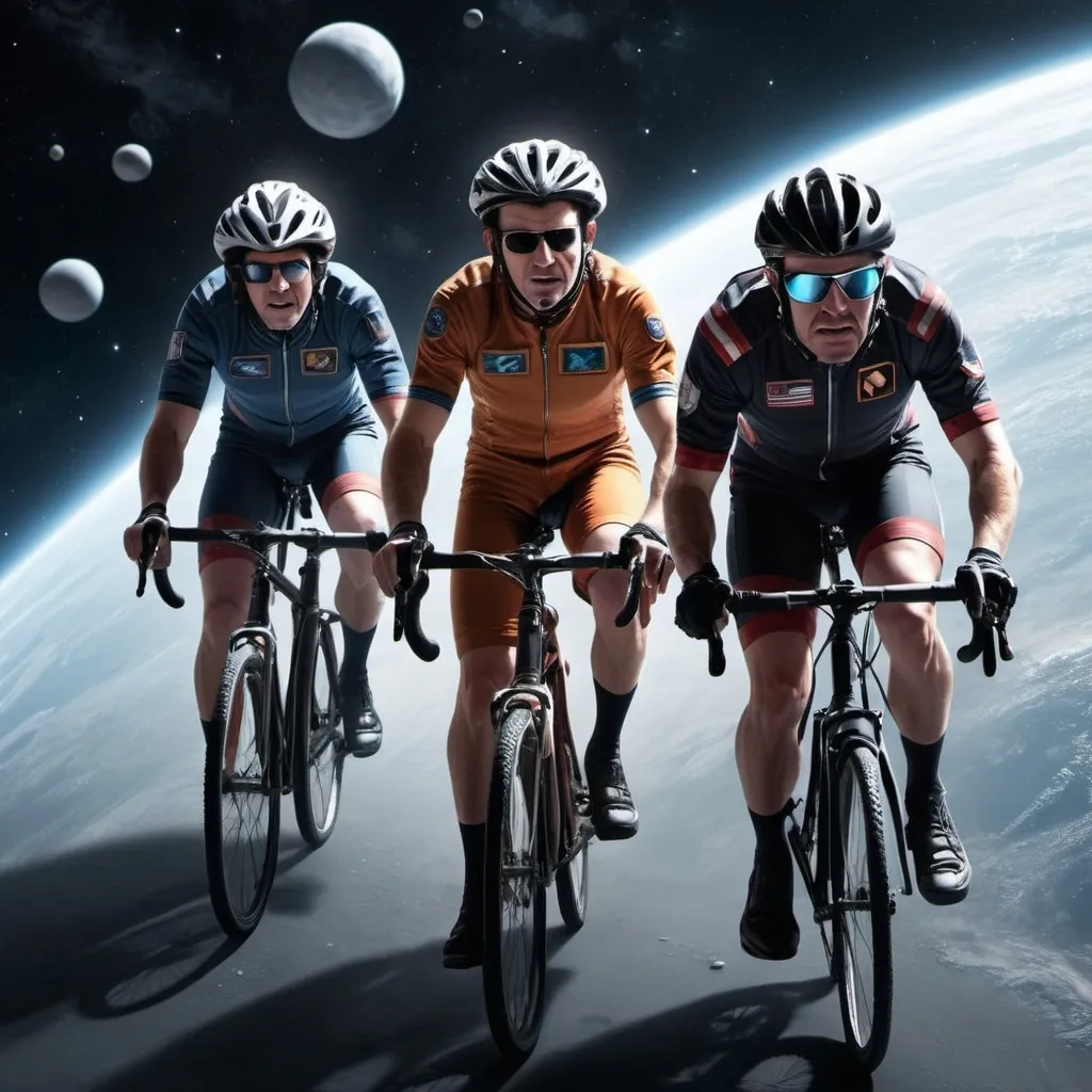 Prompt: A bicycle race in space.mix of comedy and sci fi